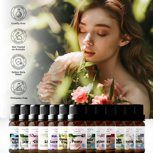 Woman smelling Peony essential oil in amber bottles. Cruelty-free aromatherapy for natural wellness and relaxation.