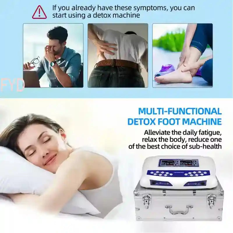 Dual ionic detox foot spa machine with 8 modes, FIR belts, and silver carrying case for two-person health therapy.