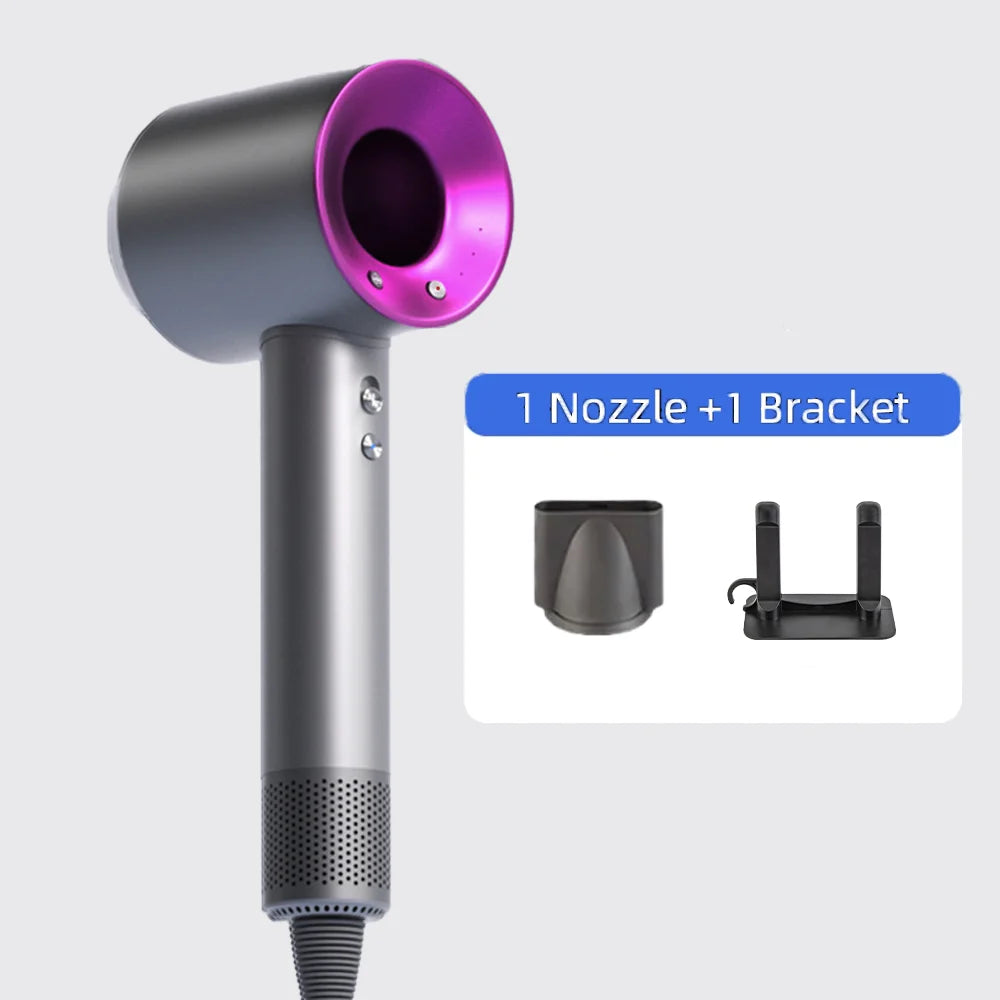 Grey & magenta bladeless negative ion hair dryer with nozzle attachment and storage bracket for quick drying.