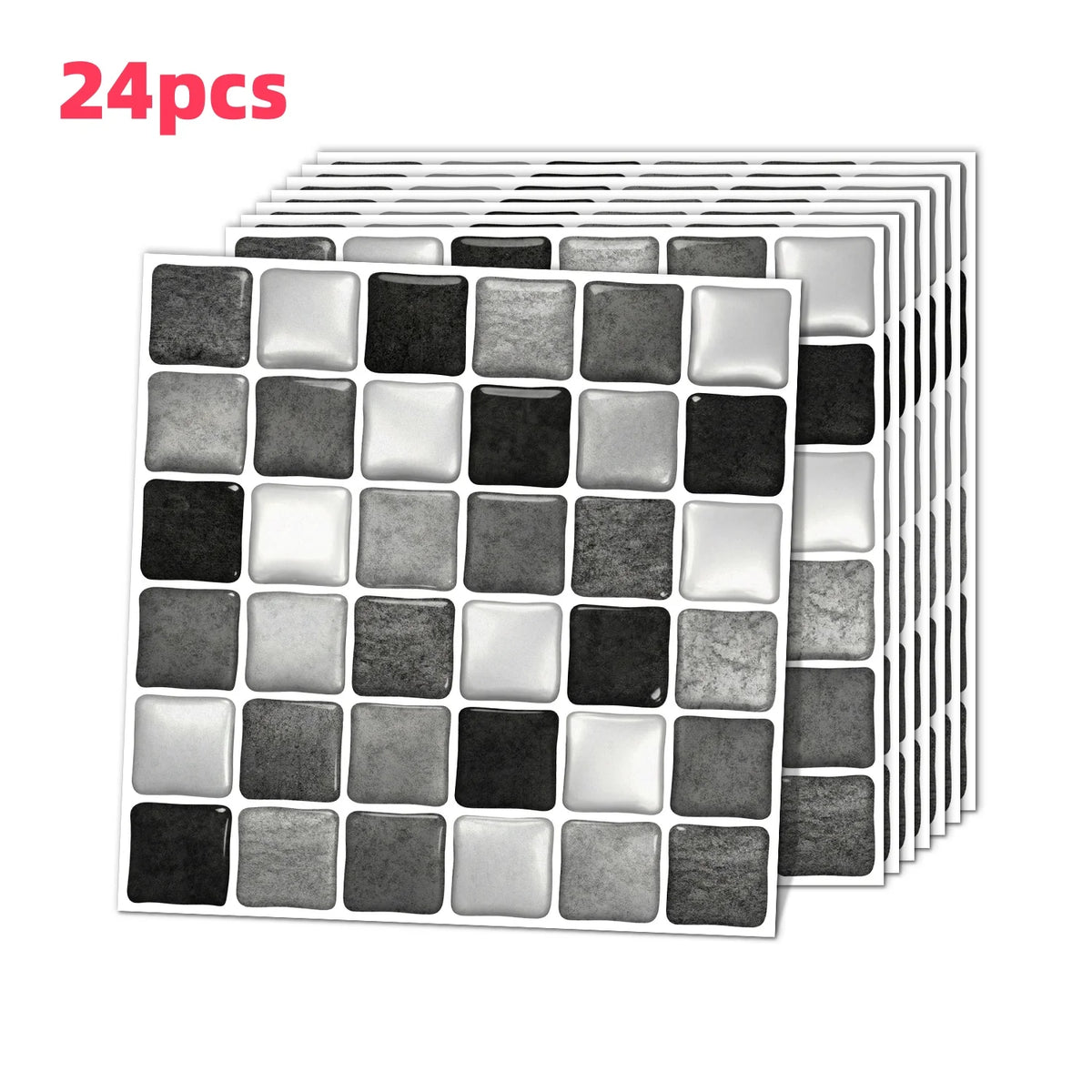 24-piece mosaic tile decal set in white, gray, and black square tiles