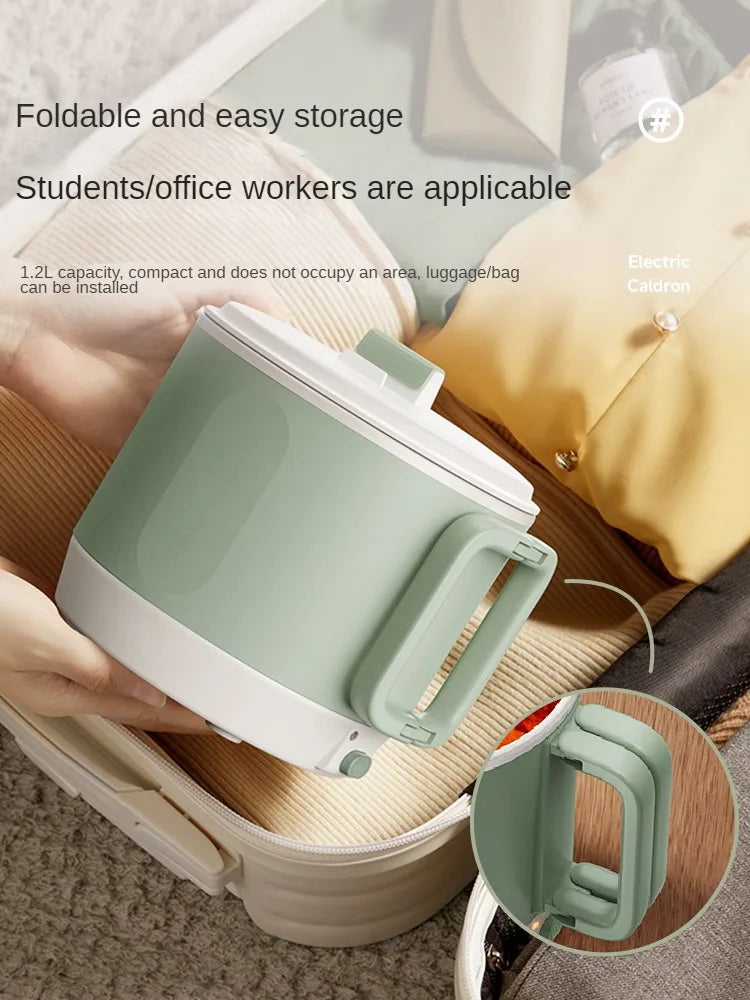 Electric hot pot cooker showing foldable compact base and mint-green pot