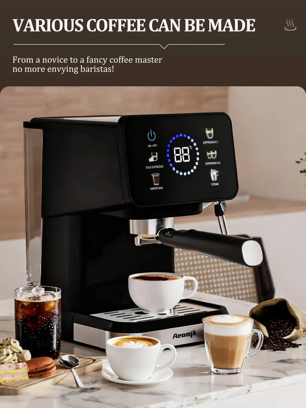 Aeomjk black espresso machine with digital touch display, portafilter, and steam wand for home coffee brewing.