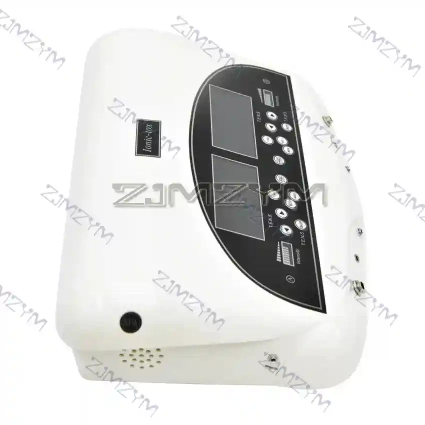 White dual ionic detox foot bath machine with TENS muscle massage digital display panel and control buttons.