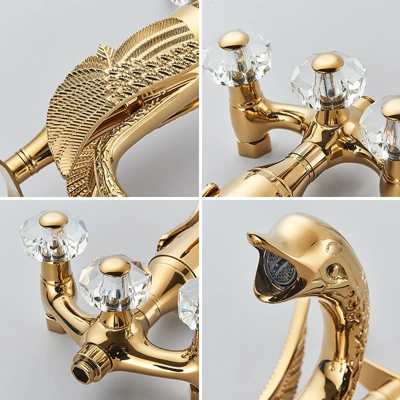 Golden Swan Bathtub Shower Faucet Wall Mounted Hot Cold Water Bath Tub Faucet Rotate Spout Dual Handles