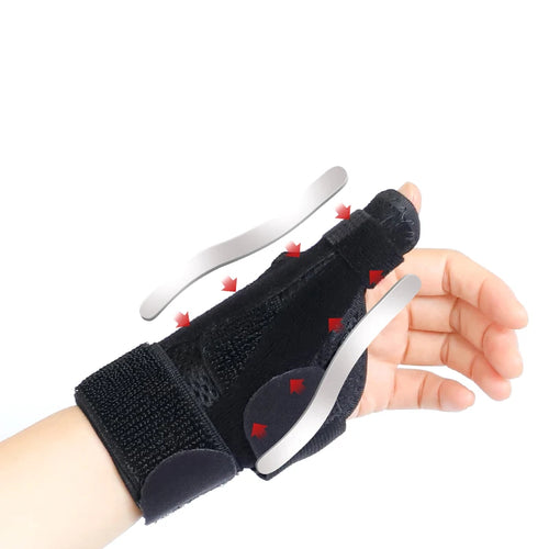 Black fabric thumb support brace with metal splints for orthopedic pain relief and wrist stabilization.