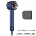 Navy blue professional leafless hair dryer with nozzle attachment, negative ion tech, and 3.3m cord for salon styling.