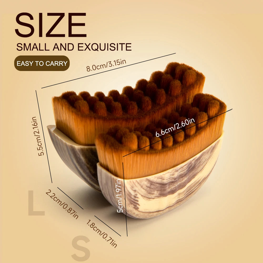 Two curved face brushes with brown bristles and wood-grain patterned handles, shown with size measurement annotations.