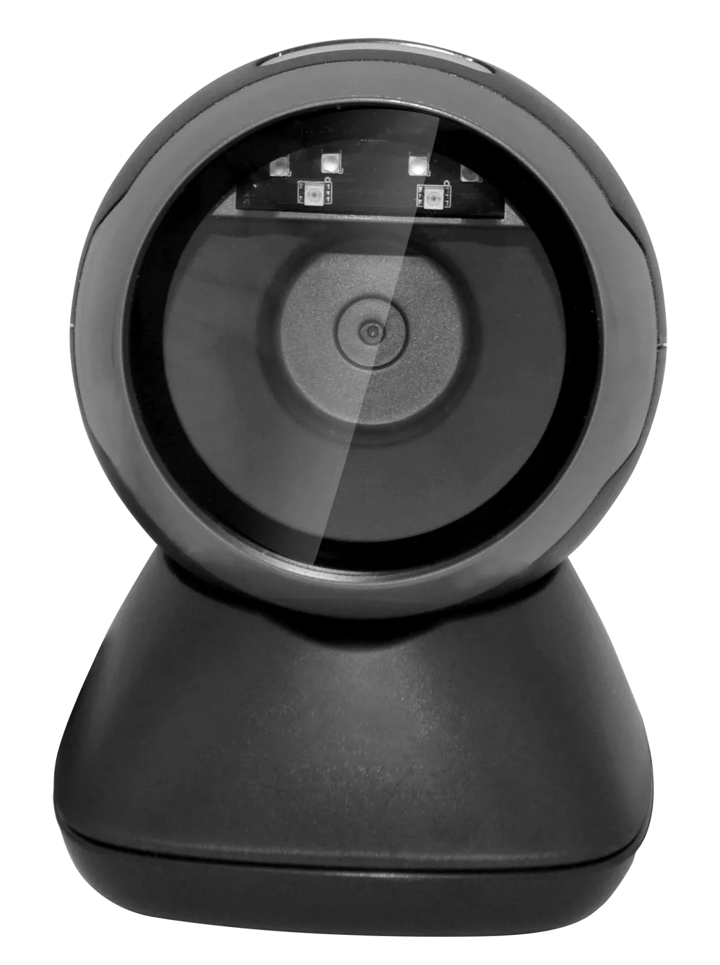 Black 2D barcode scanner head and base with visible scan window