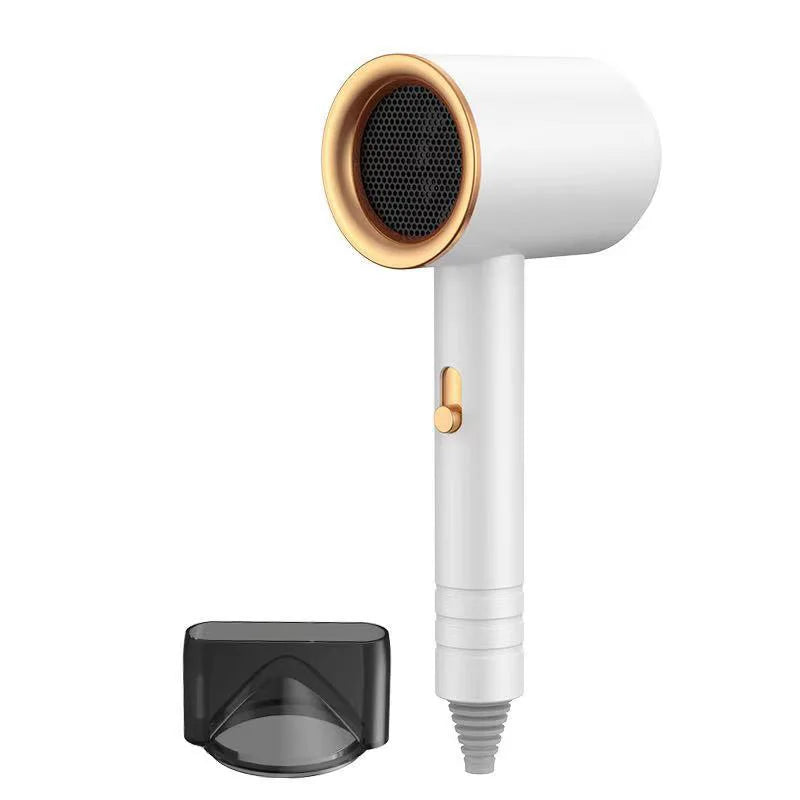 White professional high-speed hair dryer with gold trim, salon-grade power, and concentrator nozzle attachment.