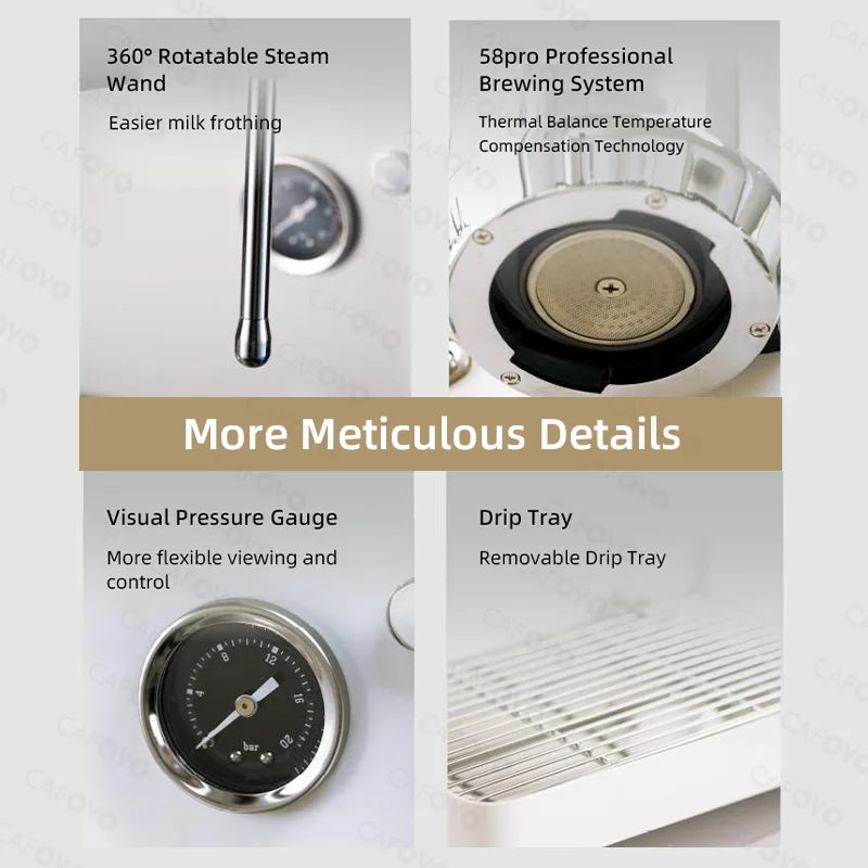 CAFOYO espresso machine features: 360-degree steam wand, 58mm pro brewing system, pressure gauge, and drip tray.