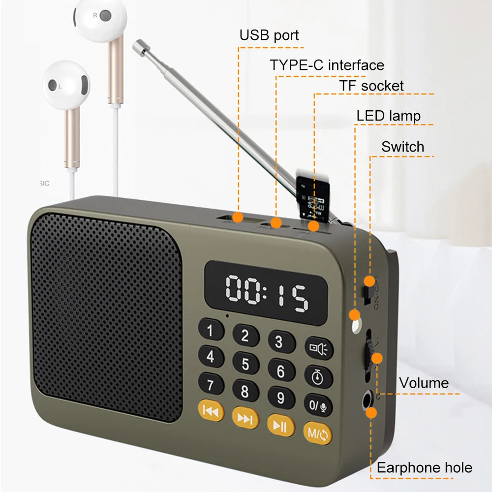 Bluetooth 5.0 FM Radio Portable Speaker with LED Light Support Recording TF Card USB Play Wireless Speaker Radio FM Receiver