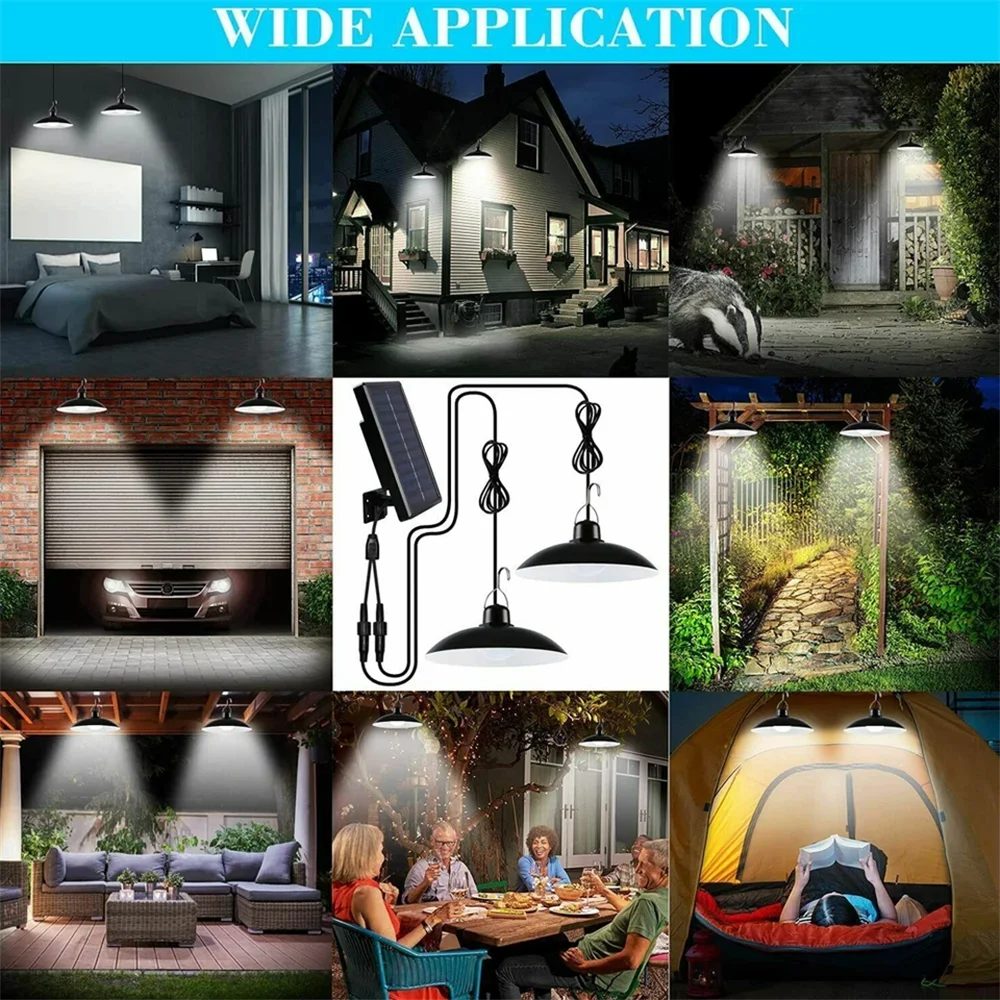 2 Heads LED Solar Powered Pendant Hanging Light Lamp Outdoor Waterproof LED Lamp Double-head Garden Yard Shed Lighting