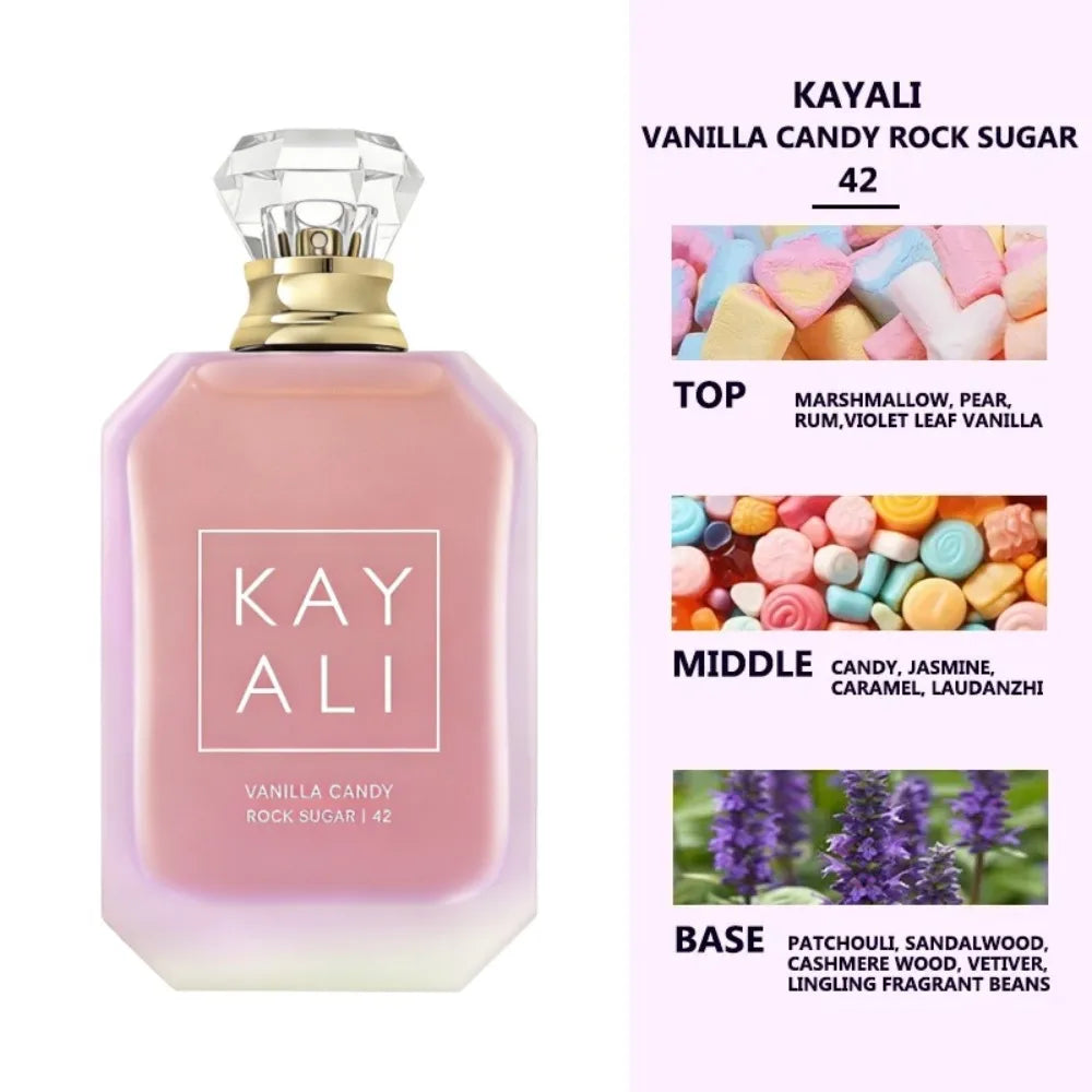 Kayali Vanilla Candy Rock Sugar 42: Unisex perfume, sweet marshmallow-vanilla notes in a classic crystal-cap bottle.