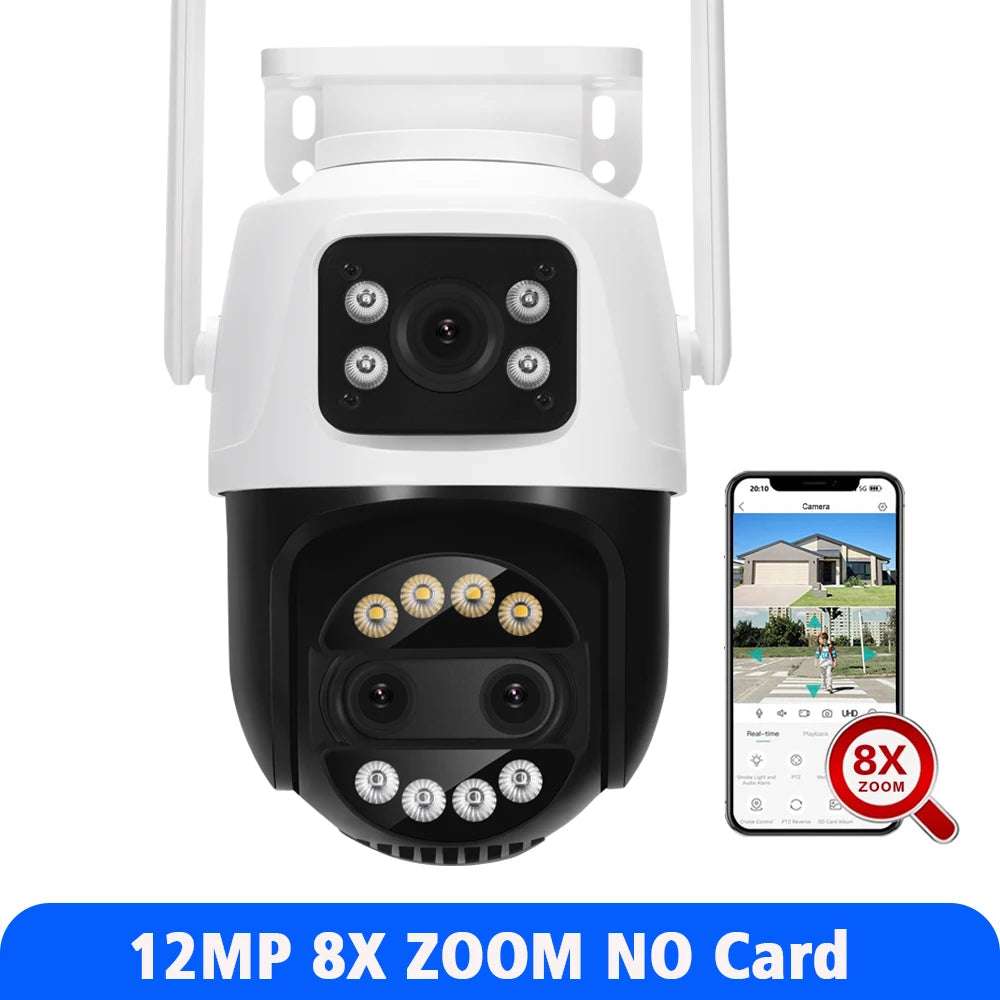 12MP PTZ WiFi IP Camera Dual Lens 2.8mm -12mm 8X Zoom 4K Outdoor AI Human Tracking CCTV Audio Home Security Surveillance Camera