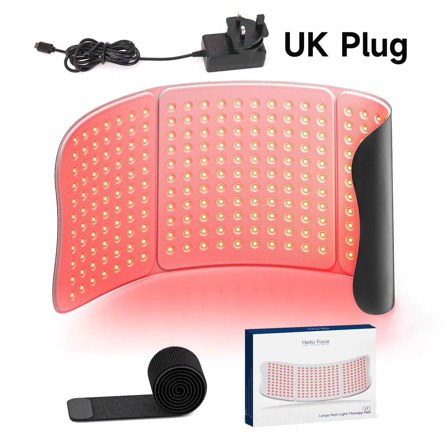 Large flexible red light therapy mat with 792 LEDs, a UK power adapter, velcro strap, and branded product box.