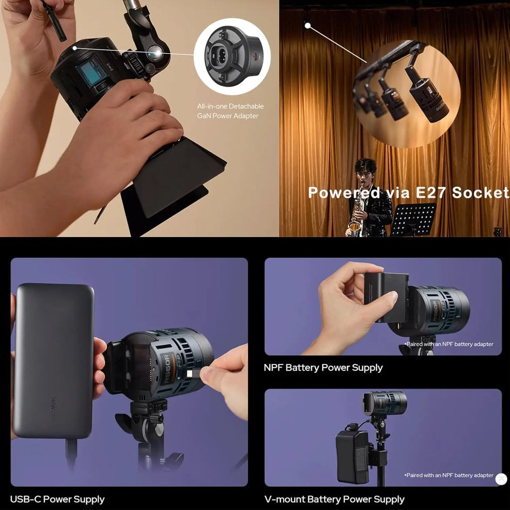 RS60R portable LED light in black with multiple power options: E27 socket, USB-C, NPF battery, or V-mount battery.