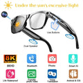 Black smart glasses with built-in camera, speakers, and touch controls for recording video, audio, and translation.