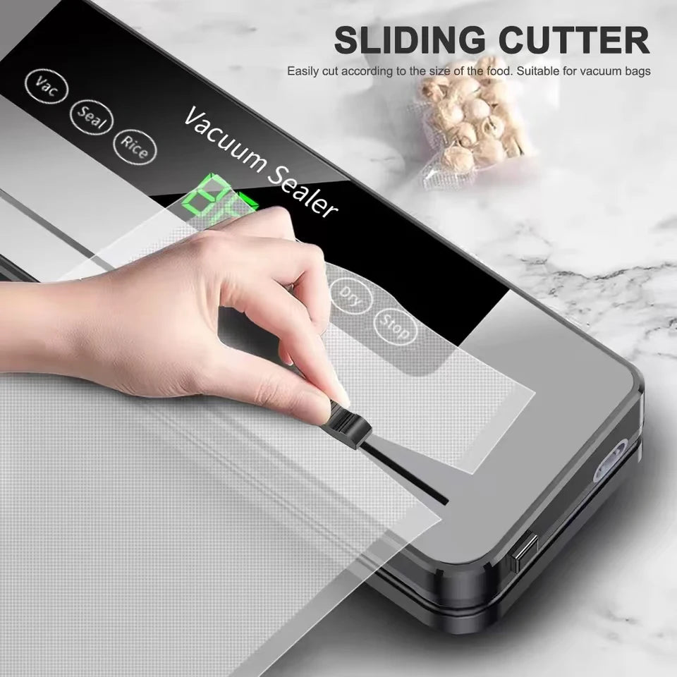 Tidesmit electric vacuum sealer showing built-in cutter and wet dry touch button food packaging settings