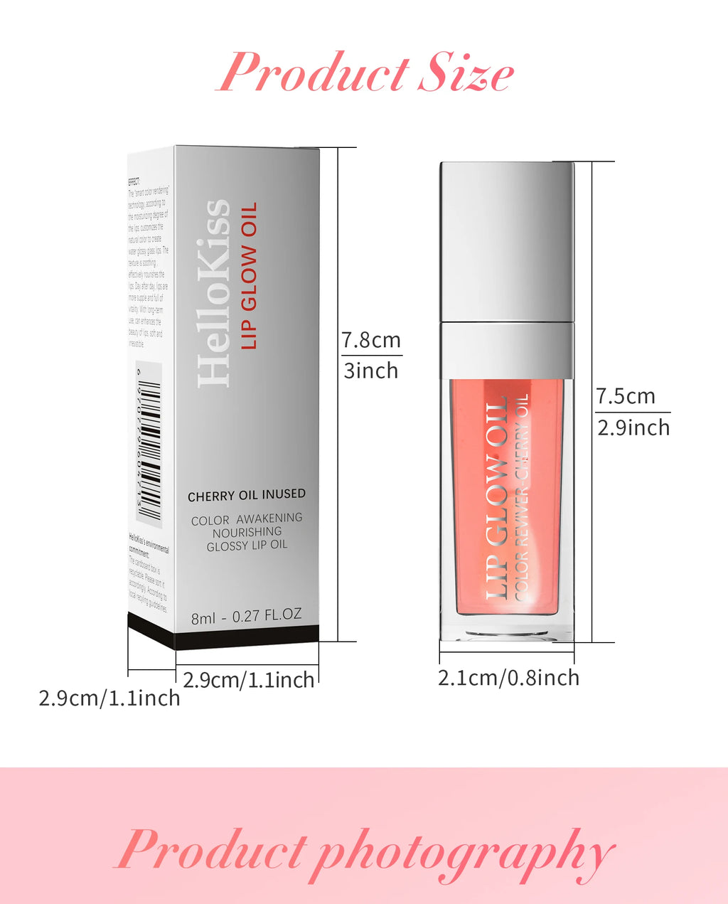 HelloKiss cherry-infused crystal jelly lip glow oil with plumping glossy texture and tinted coral applicator.