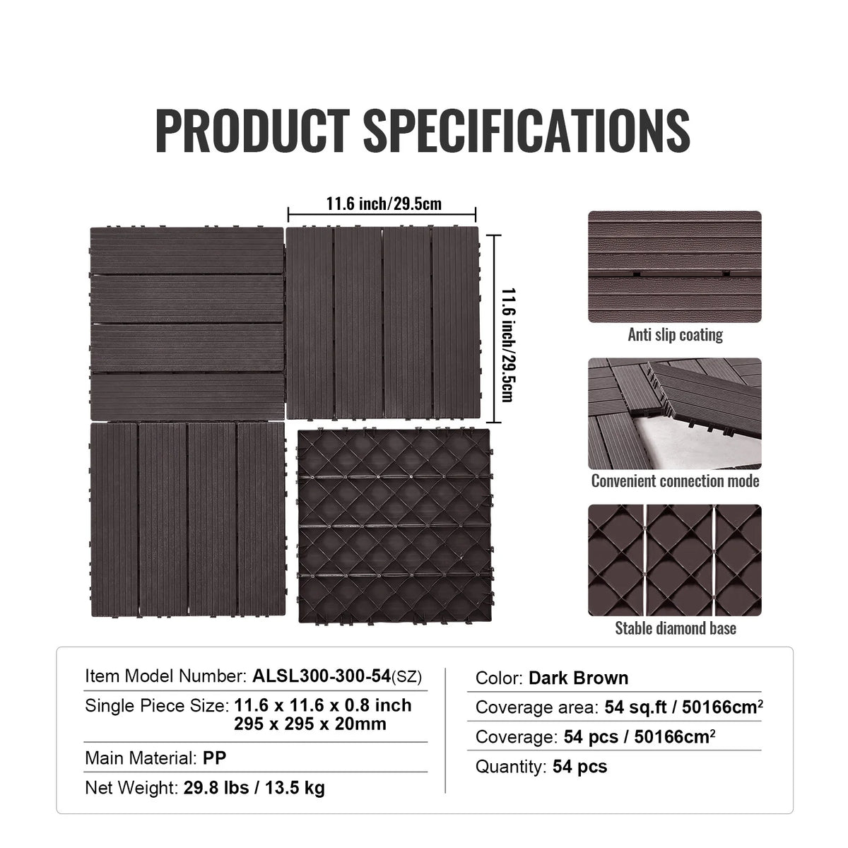 Interlocking dark brown deck tiles, diamond-texture base, 54-piece set