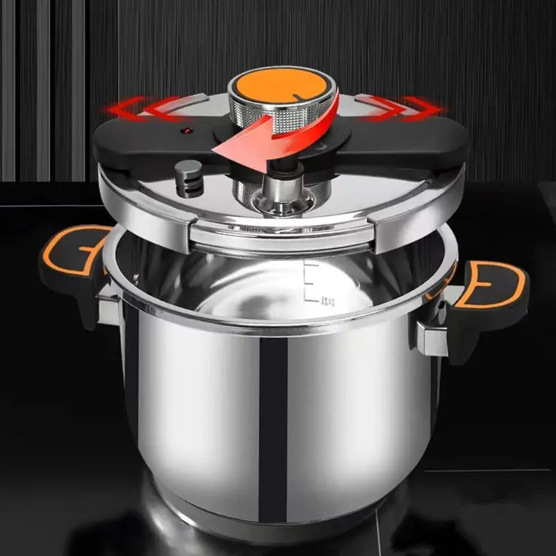 Stainless steel pressure cooker lid showing locking and steam vent mechanism