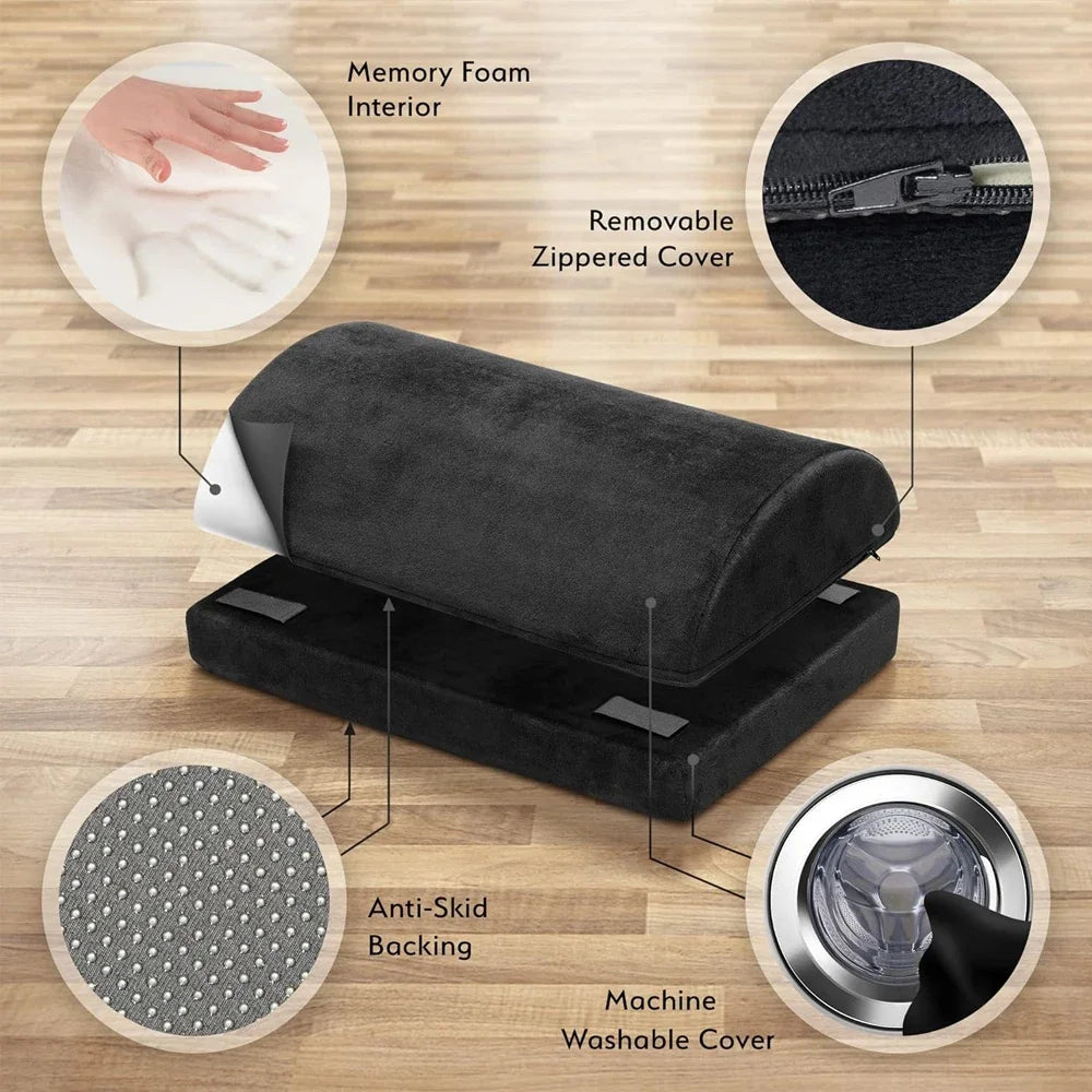 Ergonomic memory foam under-desk footrest with anti-skid base, removable zippered cover, and adjustable 2-in-1 design.
