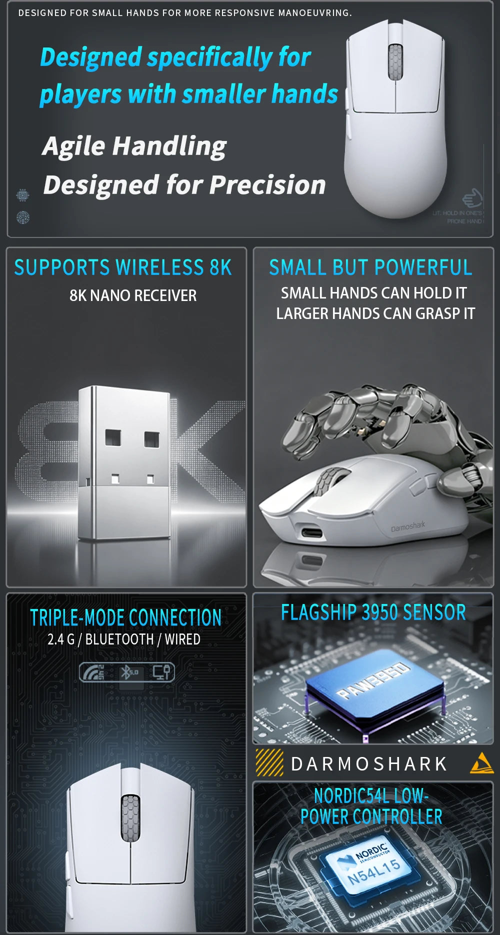 Darmoshark M3 Micro V2 Wireless Gaming Mouse Double 8k Nordic N54L PAW 3950 30000 DPI  Small Hand  Macro Game Mouse Lightweight