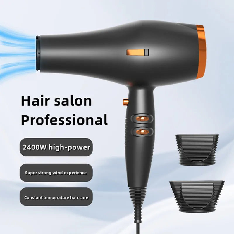 Black 2400W professional hair dryer with copper accents, two concentrator nozzles, and fast-drying airflow technology.