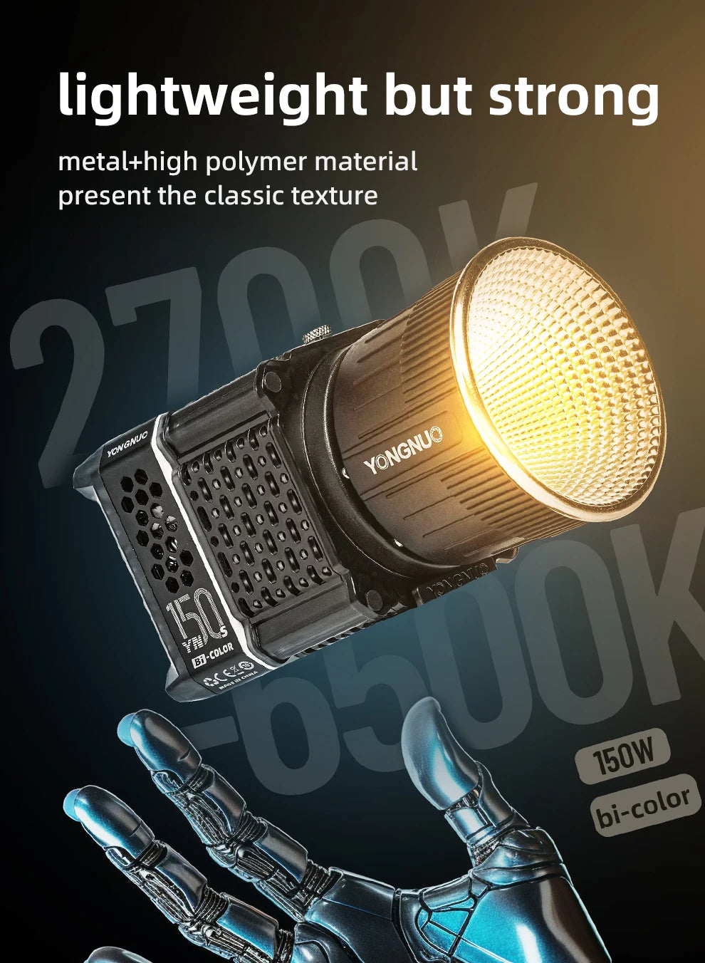 Black 150W bi-color LED video light with a metal and polymer housing, featuring a textured reflector for studio