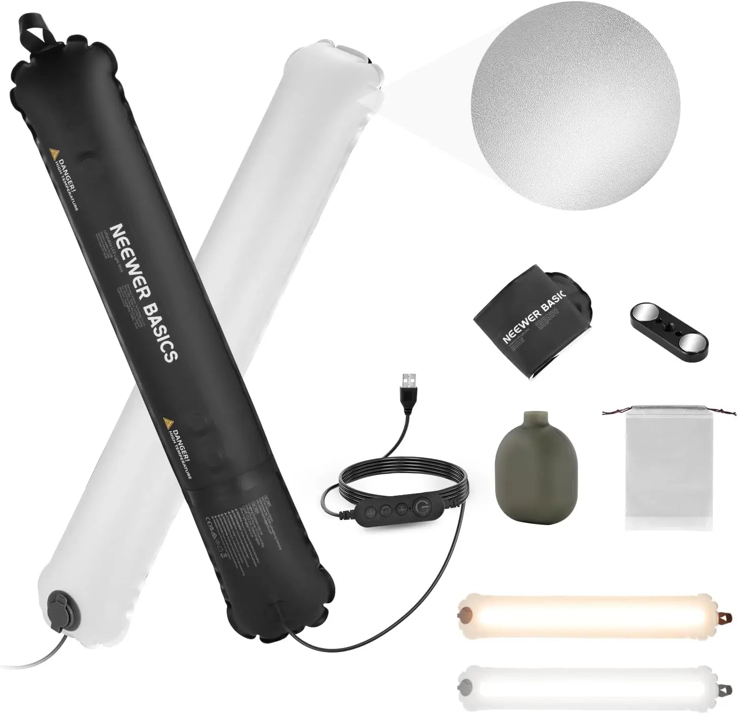 Inflatable LED light stick with USB cable, controller, textured diffuser, and storage bag for portable studio lighting.