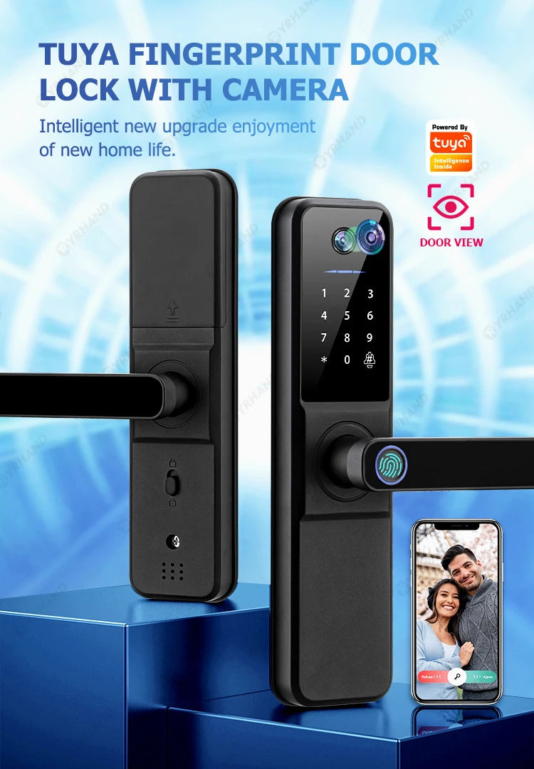 YRHAND Tuya Wifi fechadura eletronica digital Smart Door Lock With Biometric Camera Fingerprint Smart Card Password For home
