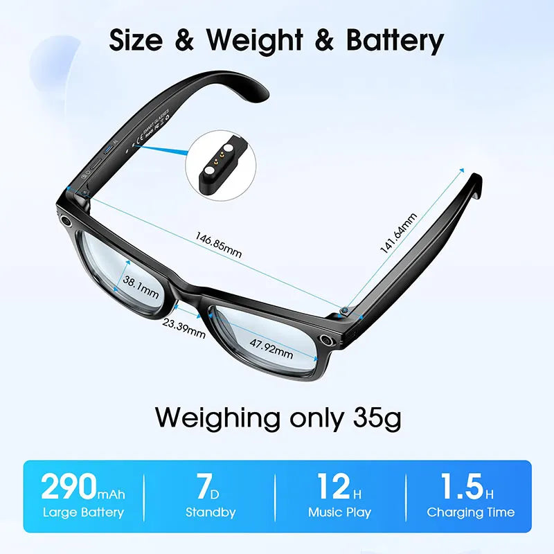 Black smart glasses with technical dimensions, a magnetic charging port, 35g weight, and 12-hour audio playback specs.