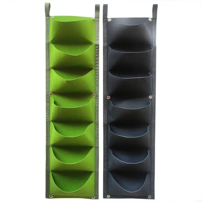 Two vertical wall grow bags with 7 pockets each, green and black