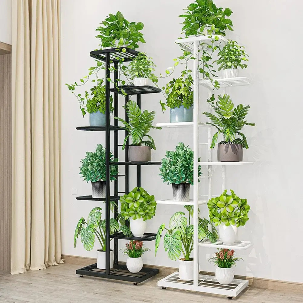 Multi-tier plant display shelves, one black and one white, with open tier ledges