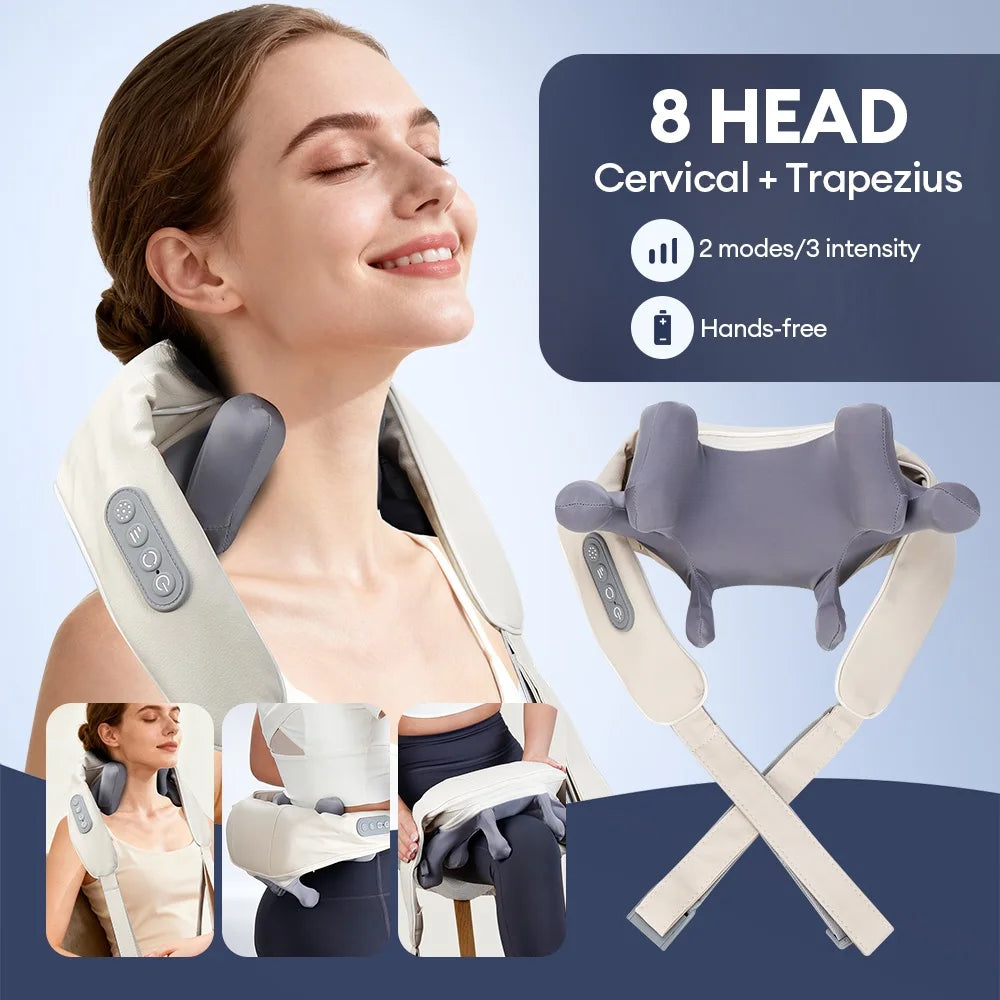 Wireless Neck and Shoulder Massager - 8-Head Deep Tissue Shiatsu Back Massage Instrument Tidesmit