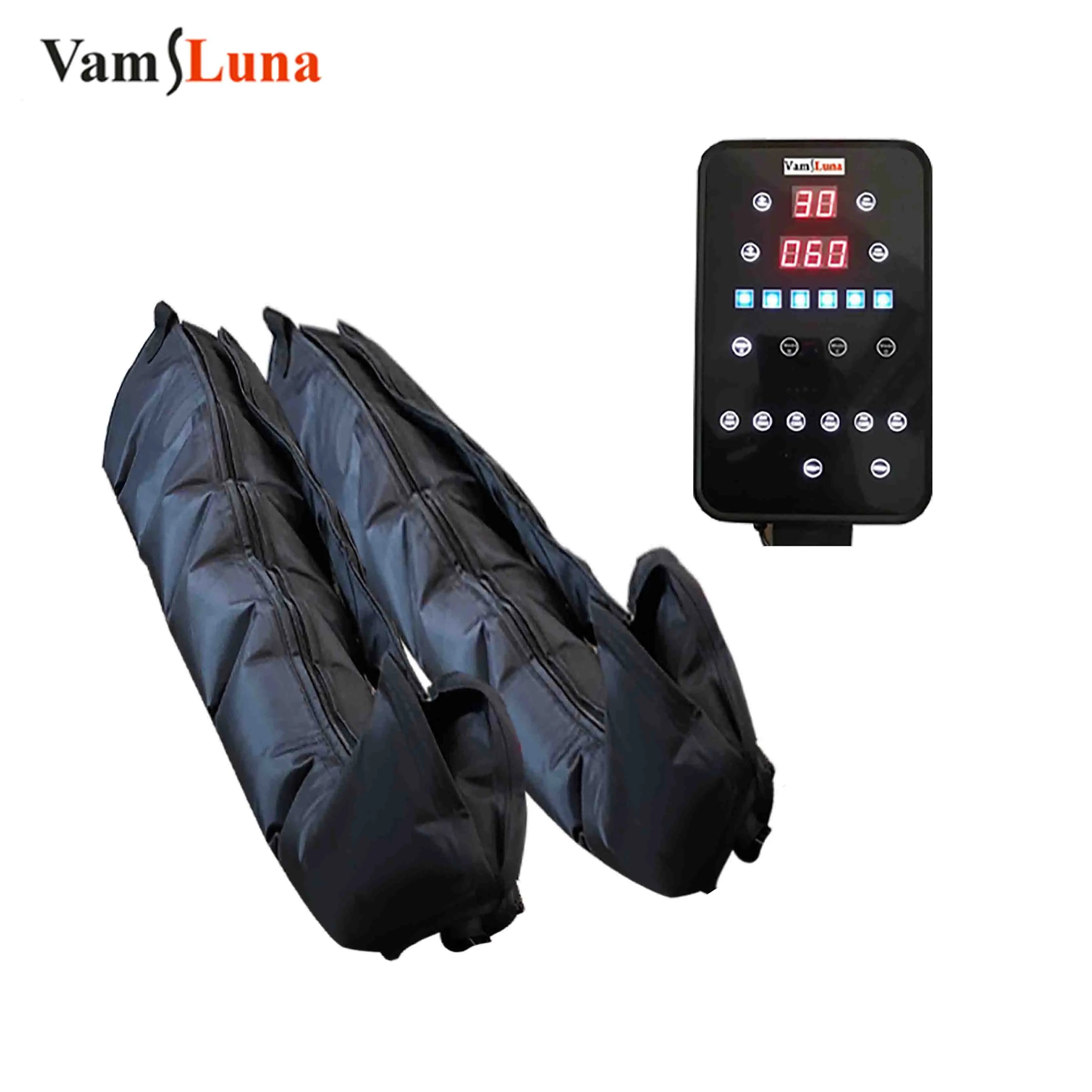 VamLuna XXL black air compression leg massage boots with digital control panel for sequential circulation recovery.