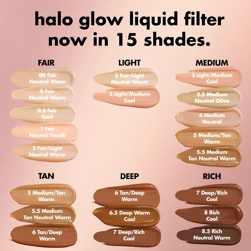 e.l.f. Halo Glow Liquid Filter foundation swatches in 15 shades, showing varied skin tones and creamy liquid textures.