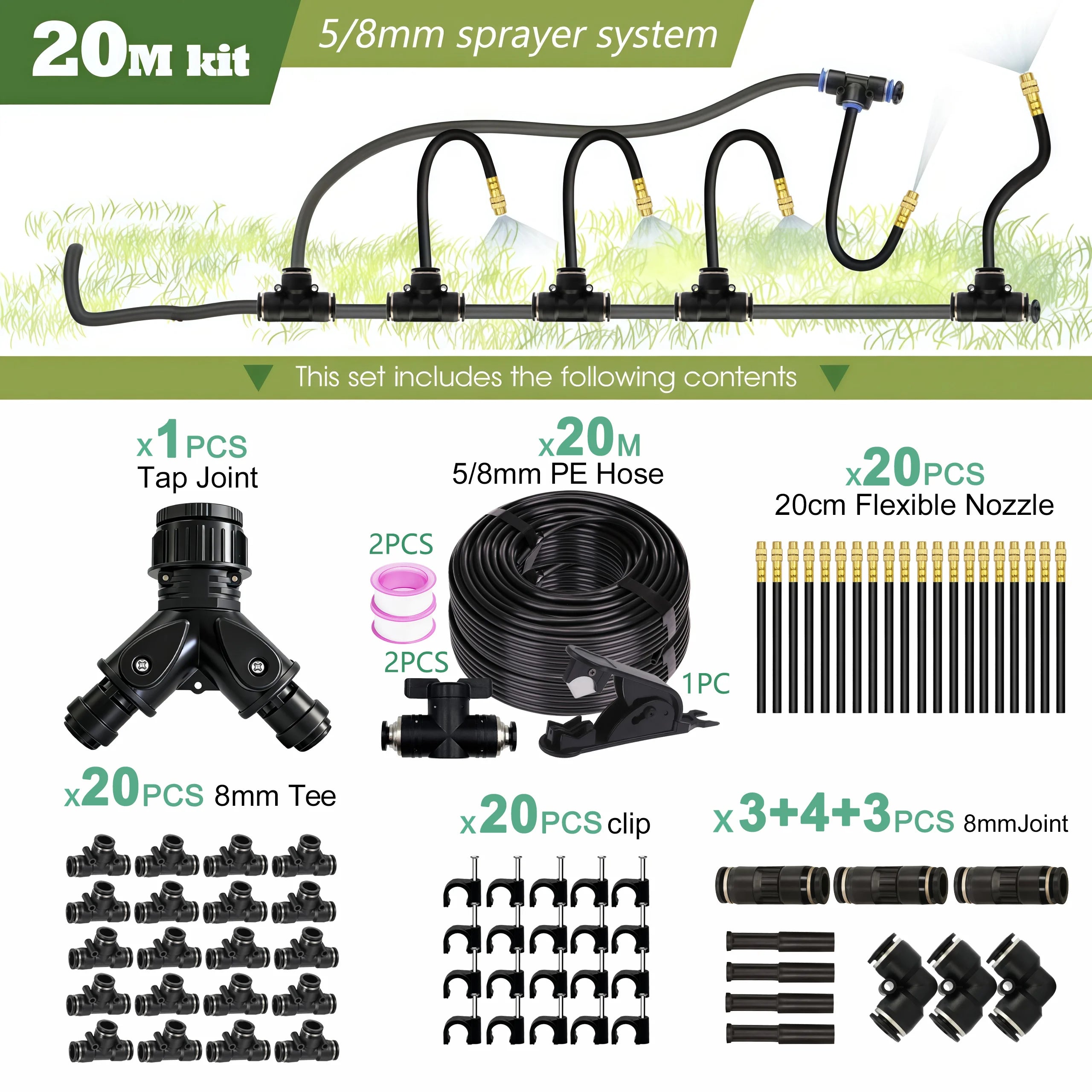Garden 5 30M 8mm PE Hose 20cm 360 Bending Brass Nozzle Spray Kit Atomized Automatic Irrigation Equipment Plants Mist Watering System