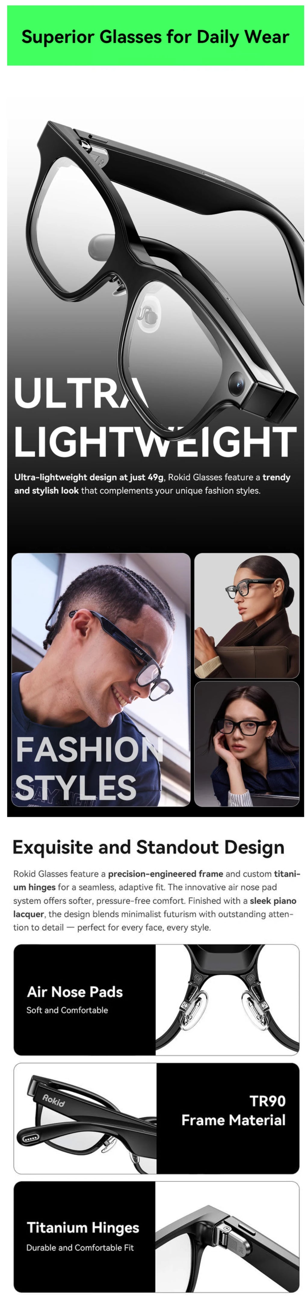 Rokid Smart Glasses: Dual-Eye Augmented Reality & Live Translation - Black Tidesmit