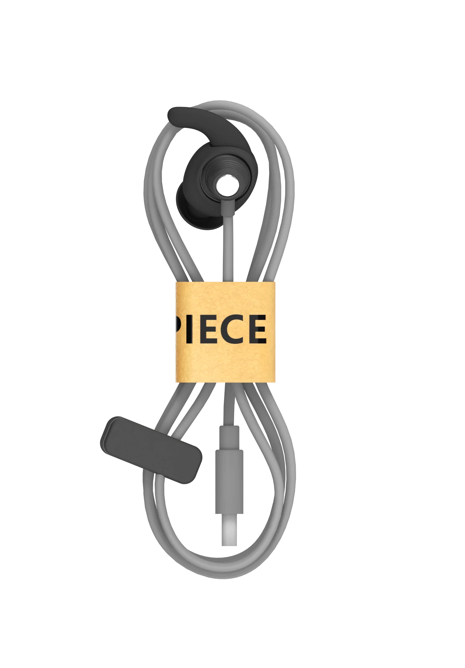 Grey wired earphones with black silicone ear hooks, coiled and secured with a tan paper band for storage.