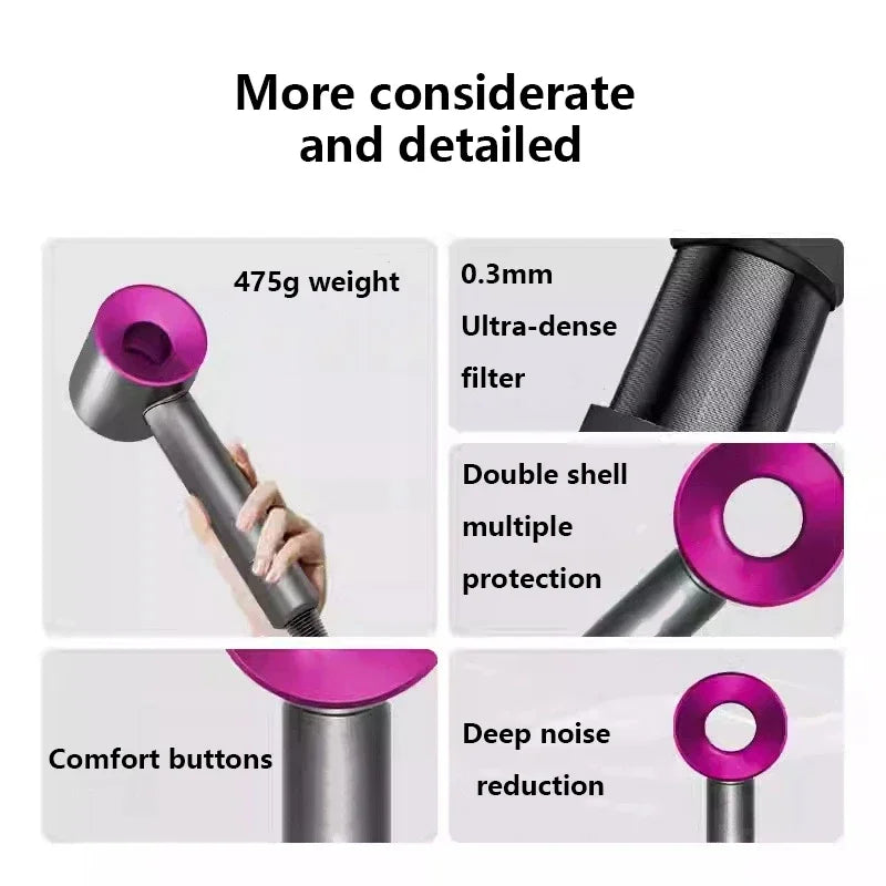 Lightweight 475g ionic hair dryer in grey and pink with noise reduction, dense filter, and ergonomic comfort buttons.