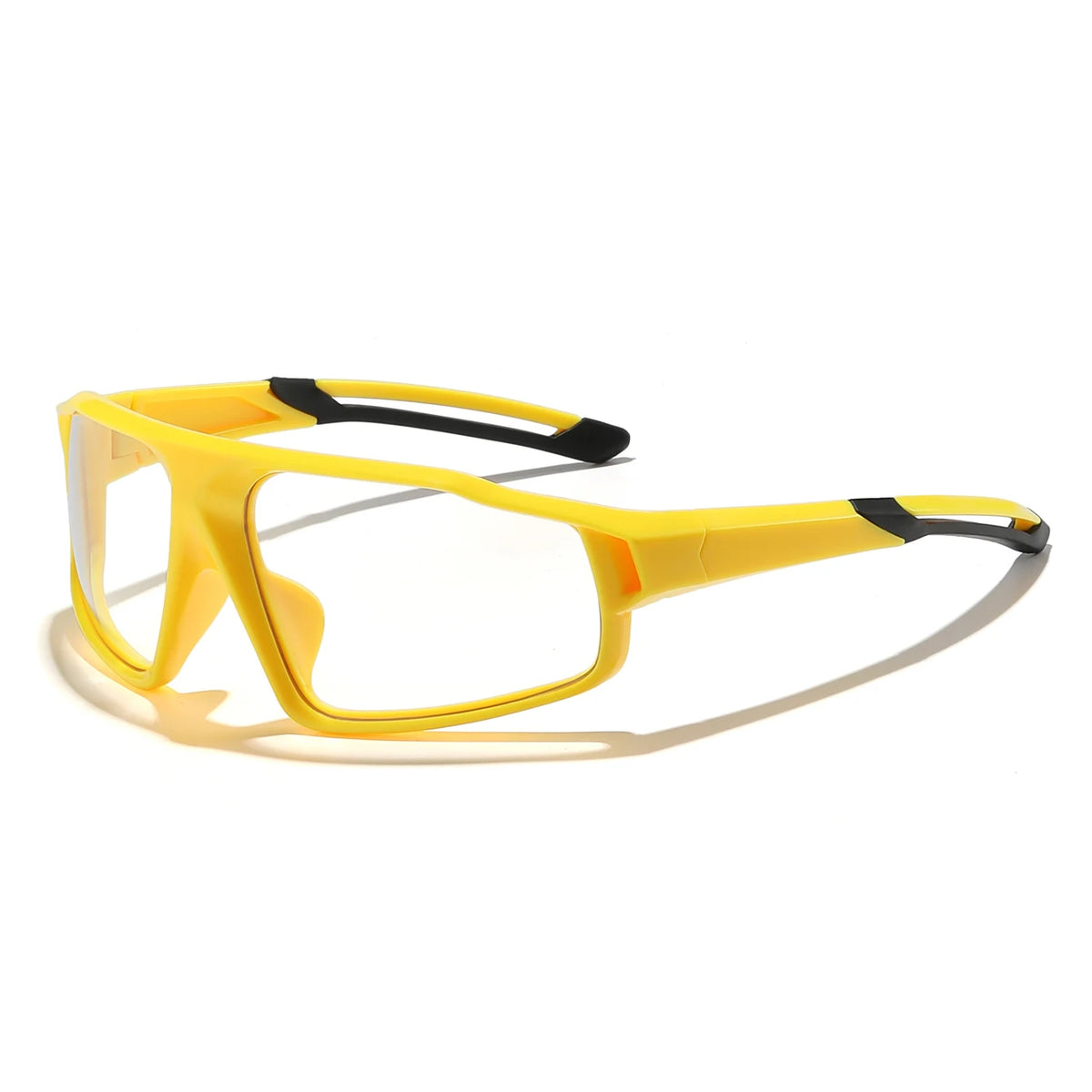 Photochromic sports eyeglasses with yellow frame and clear lenses, black temple tips
