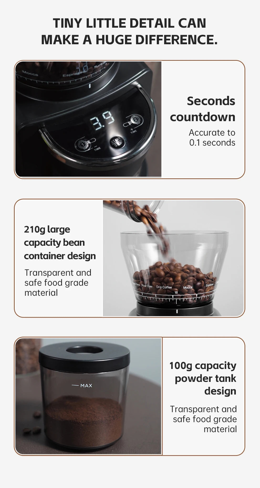 Black coffee bean grinder with digital timer, 210g bean hopper, and 100g food-grade powder container for precision.