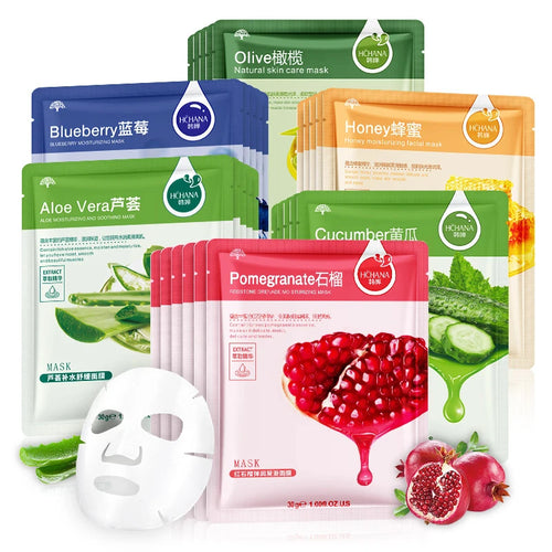 Assorted fruit sheet face mask pouches set with olive, blueberry, aloe, honey, and pomegranate
