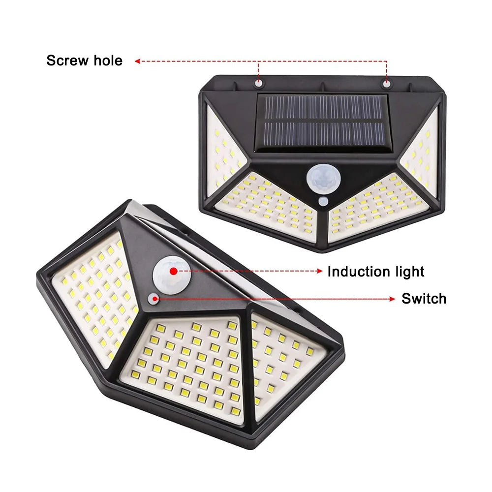 Solar Wall Lamp Outdoor Solar 100 LED Light 4 Sided Luminous Motion Sensor Waterproof Sunlight Garden Courtyard Decor Lighting