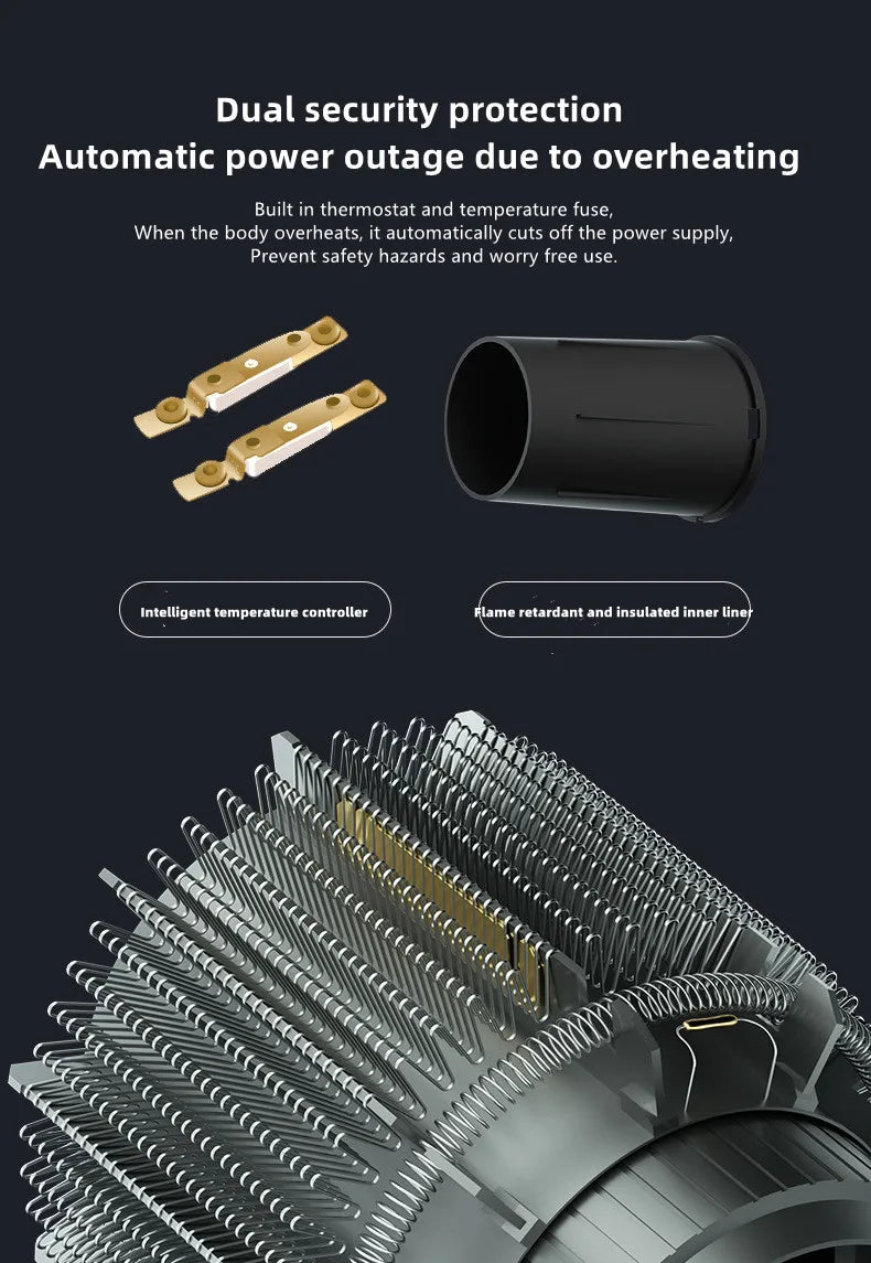 2400W high-speed hair dryer showing internal safety heating elements, flame-retardant parts, and nozzle attachment.