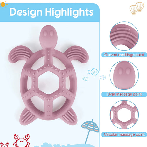 Dusty pink silicone turtle baby teething toy for soothing sore gums and sensory play.