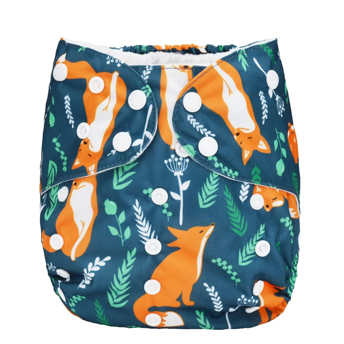 Reusable cloth baby diaper with adjustable snaps, featuring a teal fox and leaf pattern for eco-friendly baby care.
