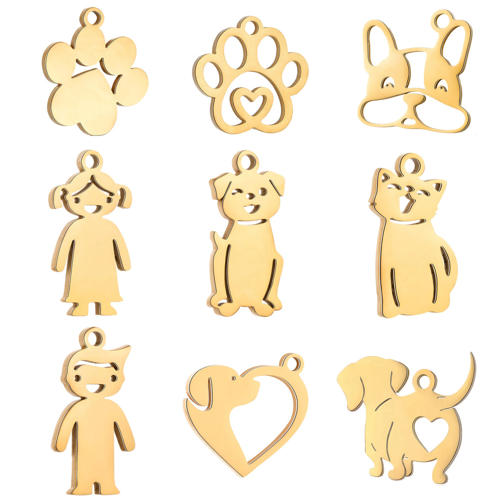 Gold stainless steel pet-themed charms for DIY jewelry making, including dog, cat, and paw print pendants.