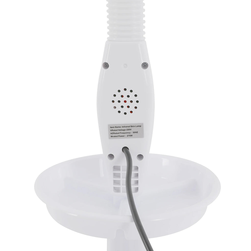 White 275W infrared heat therapy lamp for muscle pain relief featuring adjustable base and technical spec label.